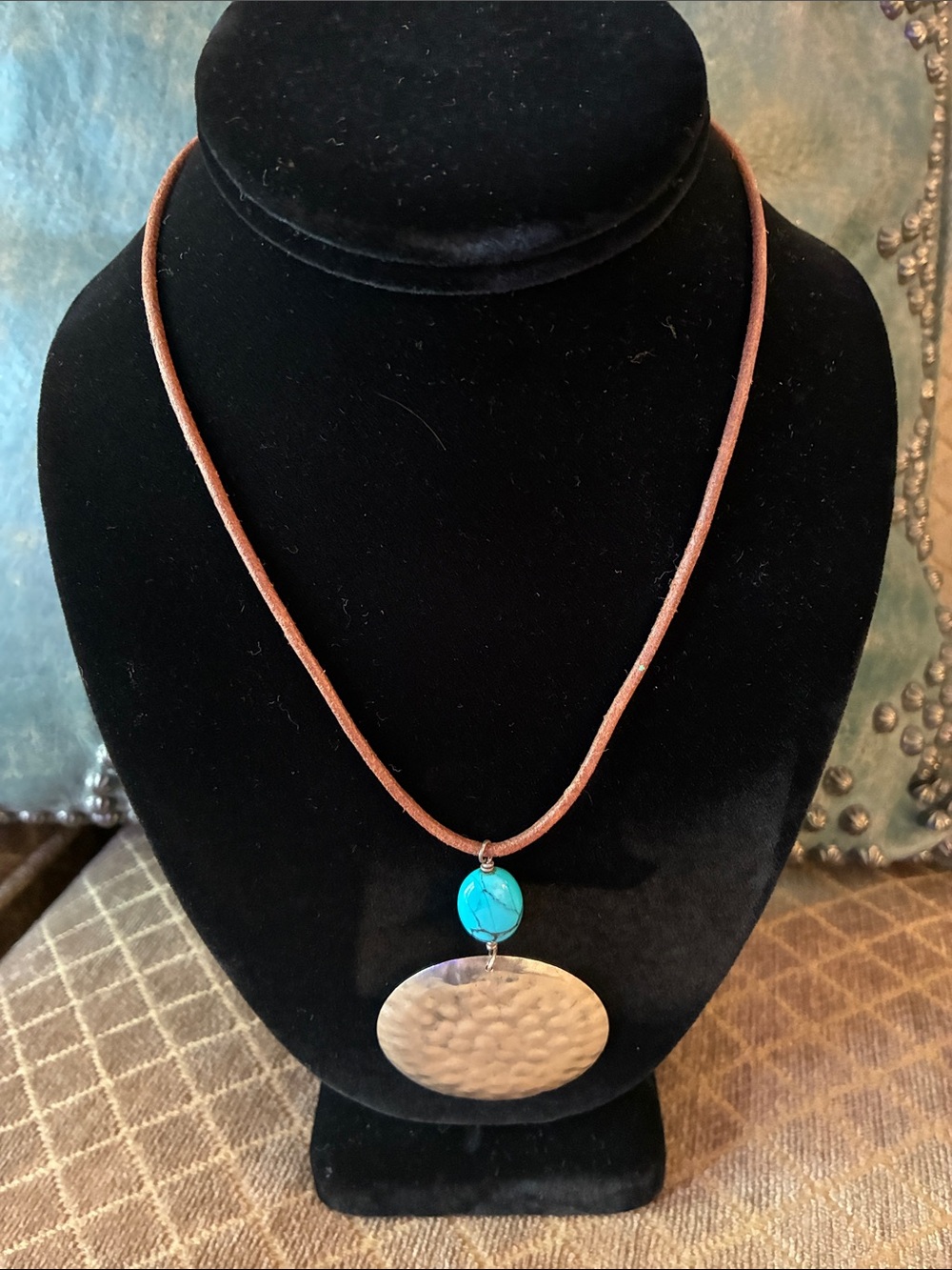 Silpada Turquoise Blue Stone & Hammered Silver Disc Necklace on Brown Cord